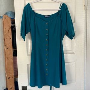 Princess Highway teal linen puff sleeve button down dress